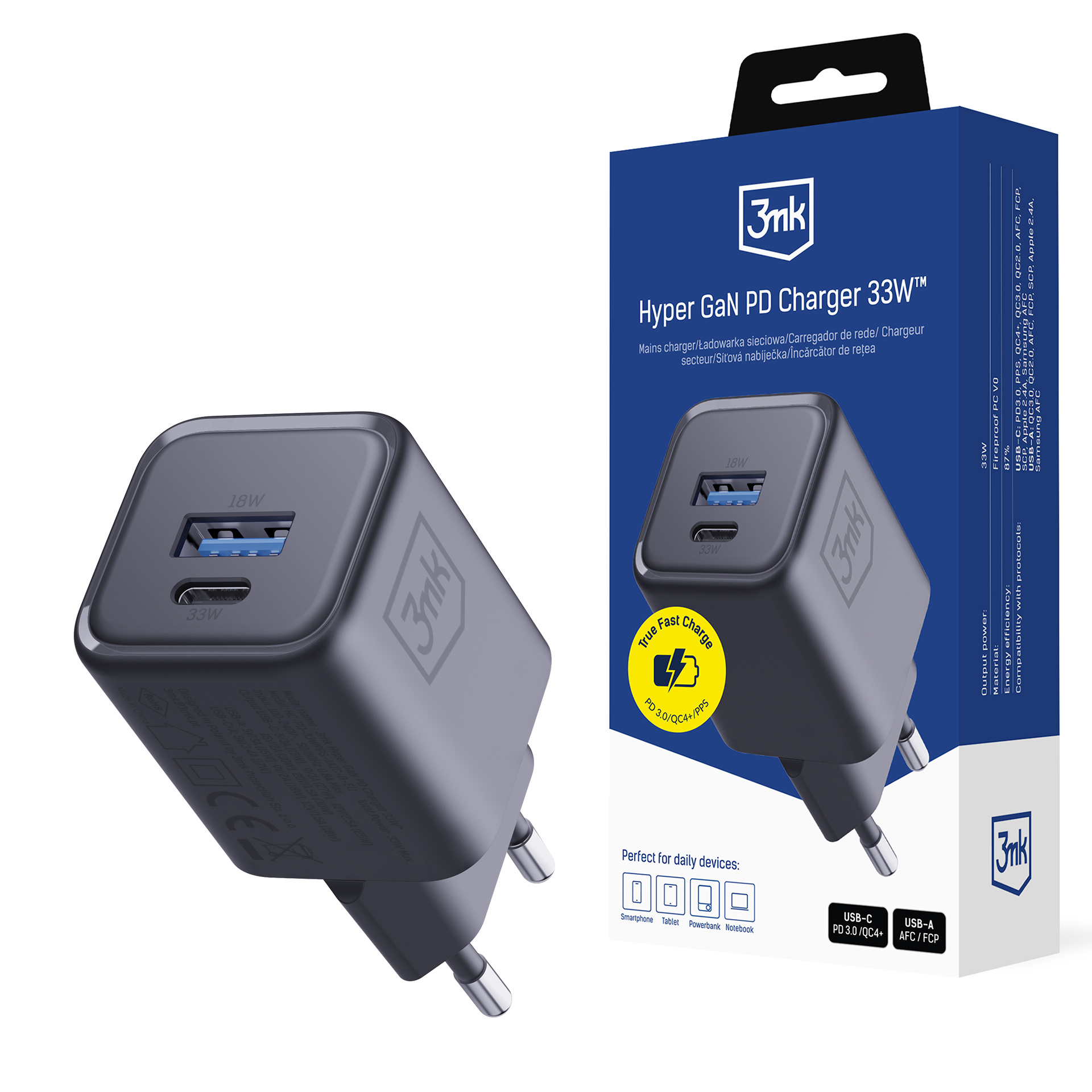 Ładowarka sieciowa 33W PD QC4+ PPS USB-A USB-C 3mk Hyper GaN PD Charger 33W™