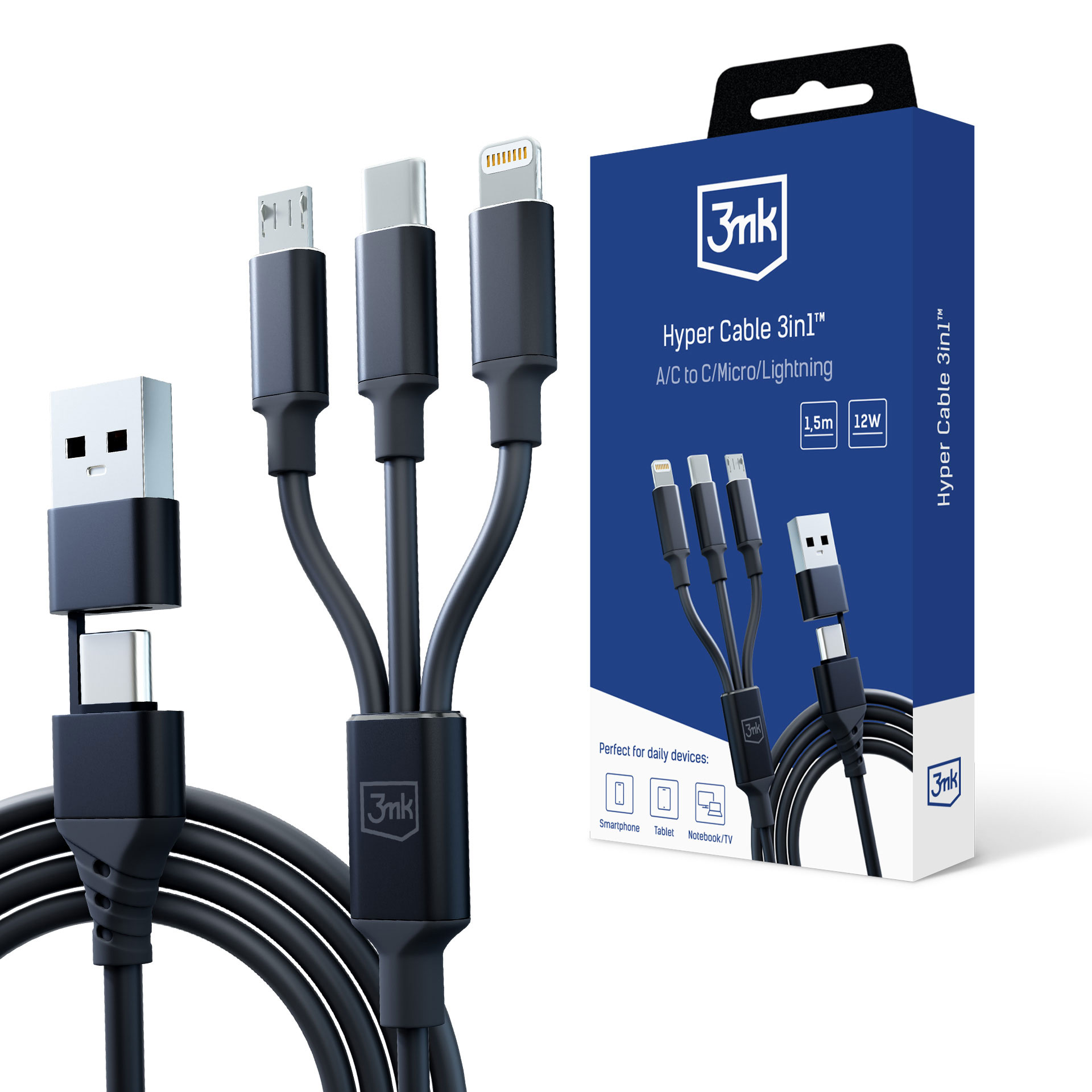 Kabel USB-A/USB-C to USB-C/Micro/Lightning 1.5m - 3mk Hyper Cable 3in1™ Black