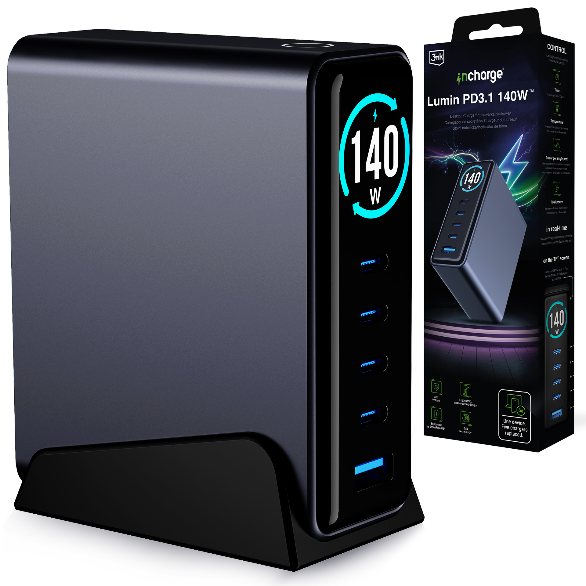 Stacja ładująca z wyświetlaczem TFT 3mk incharge® Desktop Charger Lumin PD3.2 140W™