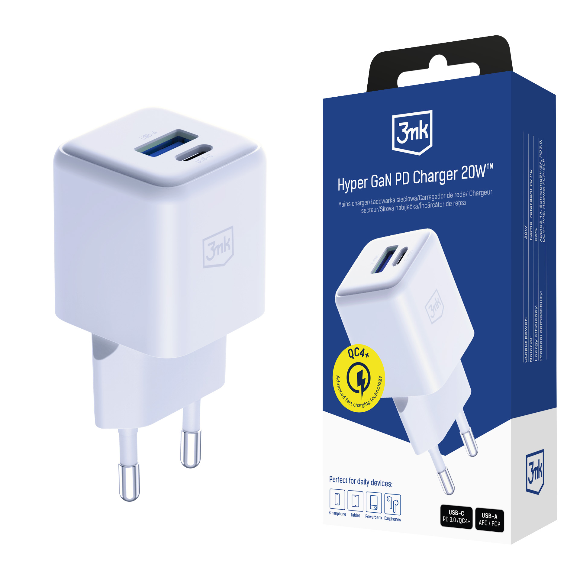 Ładowarka sieciowa 3mk Hyper GaN Charger 20W QC4+ PD PPS USB-C USB-A White
