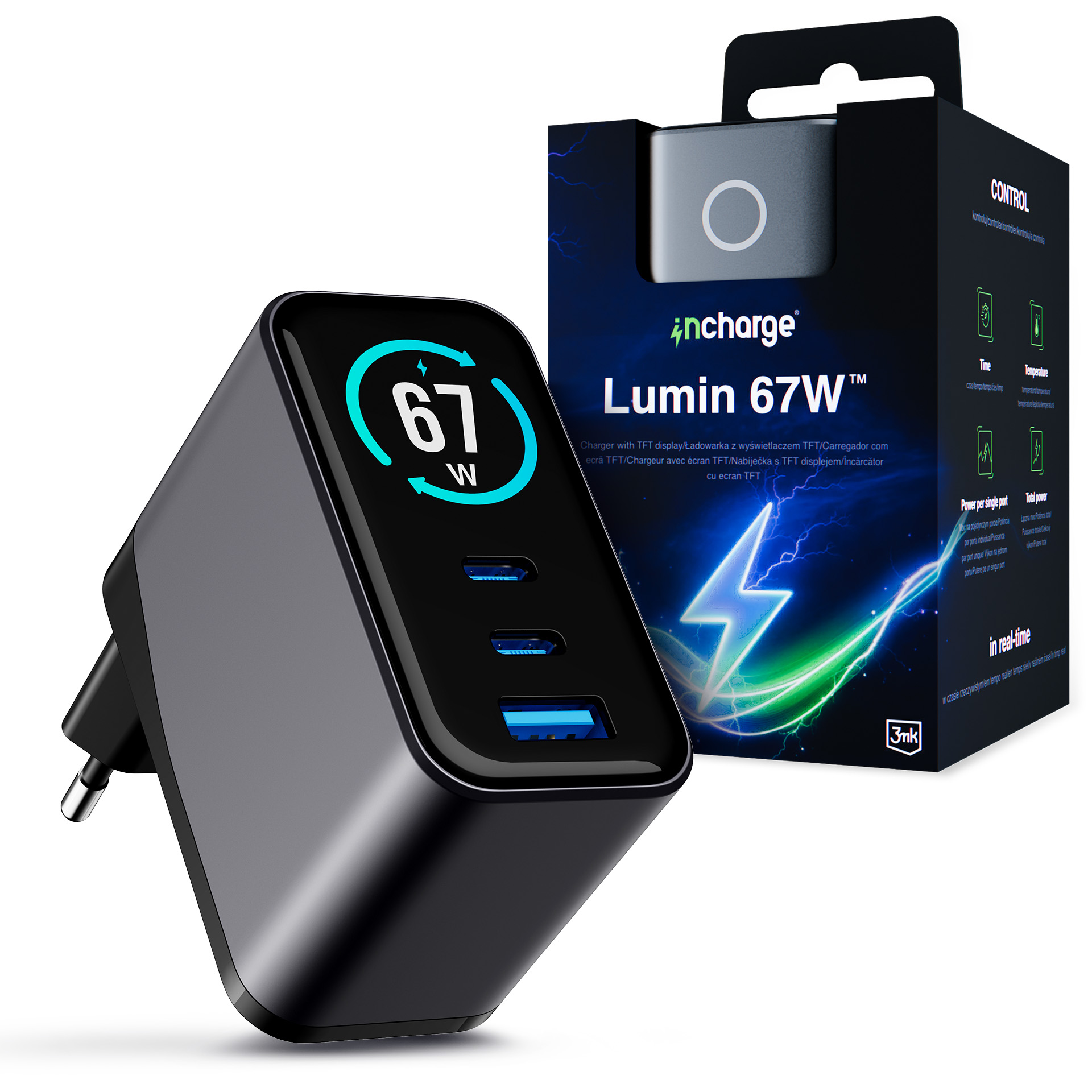 Ładowarka sieciowa z wyświetlaczem TFT QC 4+ PPS USB-C USB-A 3mk incharge® Lumin 67W™