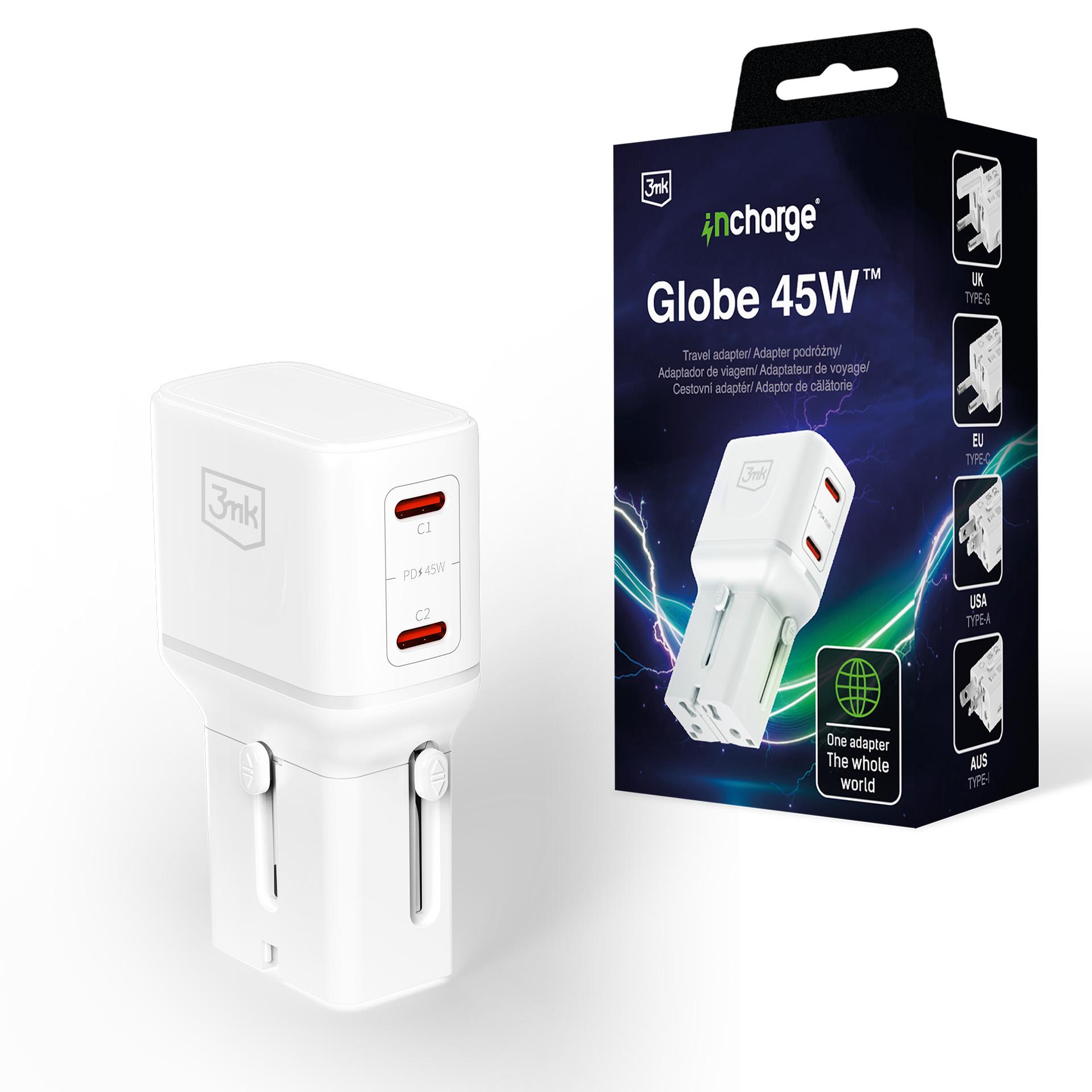 Ładowarka podróżna Adapter 210 krajów 3mk incharge® Globe 45W™ GaN PD QC4+ PPS SCP White