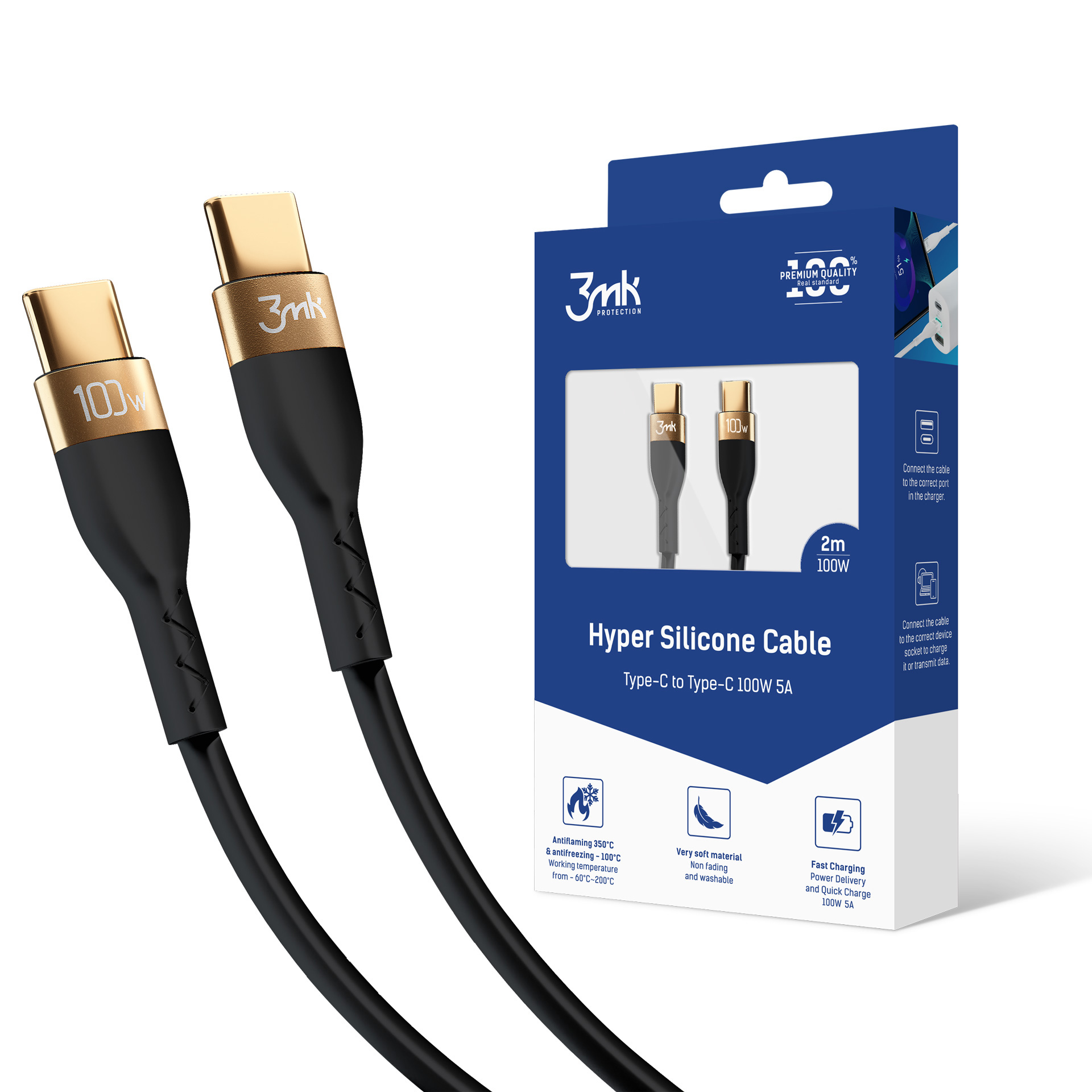 Kabel USB-C to C 2m 100W Black - 3mk Hyper Silicone Cable