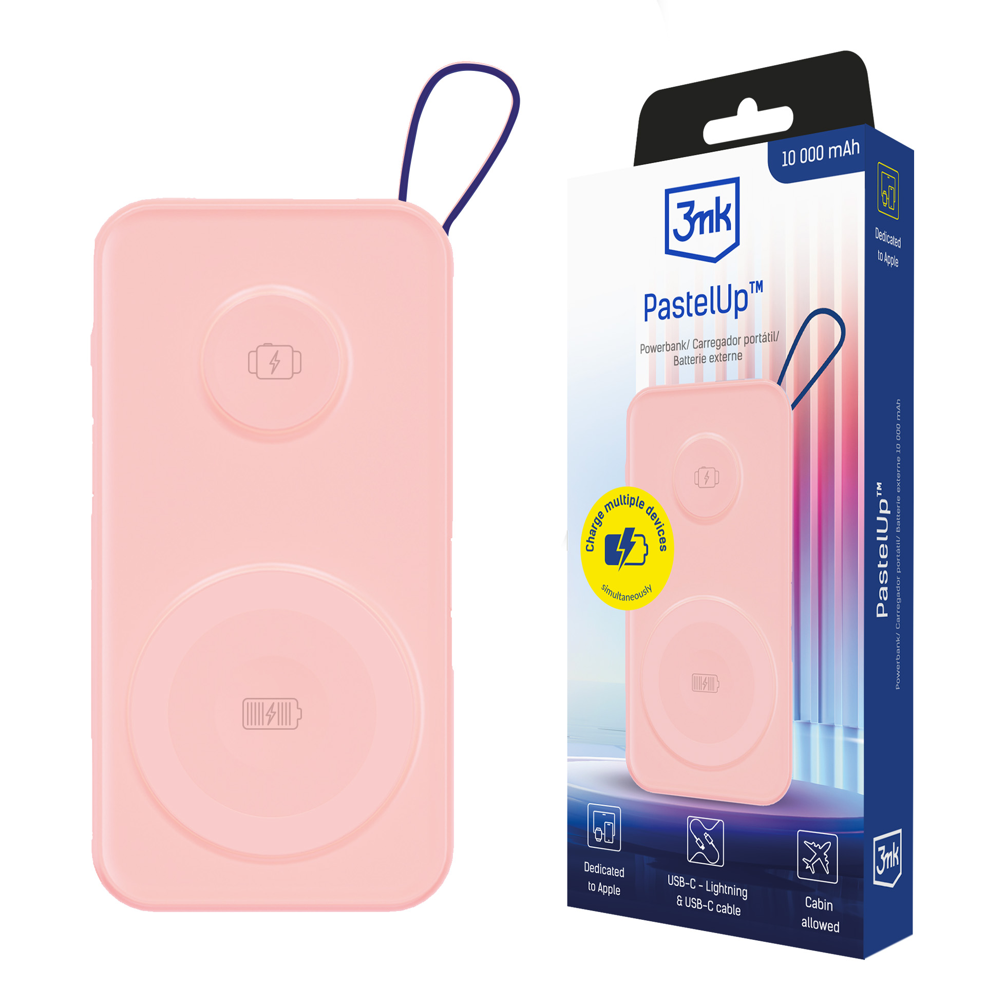 Powerbank 3mk PastelUp 10,000mAh 22.5W MagSafe QI USB-A USB-C Lightning Pink