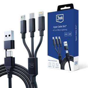 Kabel USB-A/USB-C to USB-C/Micro/Lightning 1.5m - 3mk Hyper Cable 3in1™ Black