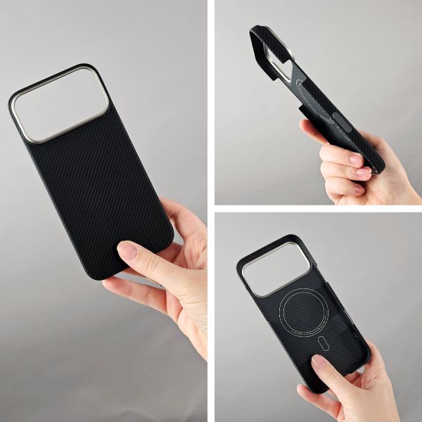 Czarne etui aramidowe 3mk HARDY Aramid MagCase z MagSafe na iPhone 17 Pro Max i 18 Pro Max w trzech ujęciach: z tyłu, z boku i od środka
