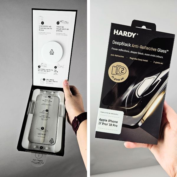 Szkło HARDY DeepBlack na iPhone 18 Pro i pudełko-aplikator MagicBox do łatwego montażu