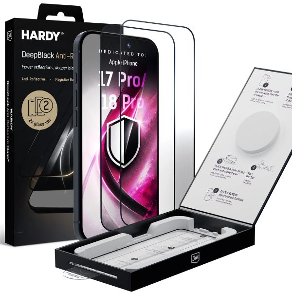 2 sztuki szkła DeepBlack Anti-Reflective Glass™ 3mk, z oryginalnym opakowaniem i Magic BOX ułatwiającym montaż.