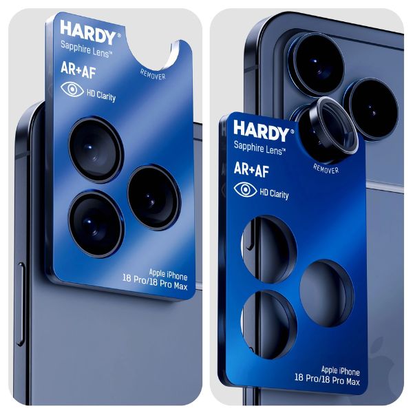 Zdjęcie produktowe szkieł na obiektywy Hardy Sapphire z nakładką do montażu i demontażu. Pokazywane na Iphonie