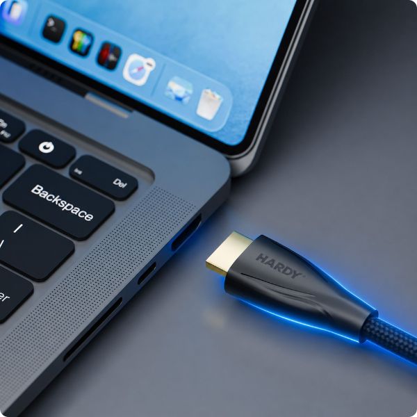 Kabel HDMI 2.1 marki Hardy z niebieskim podświetleniem podłączony do laptopa obok tabletu