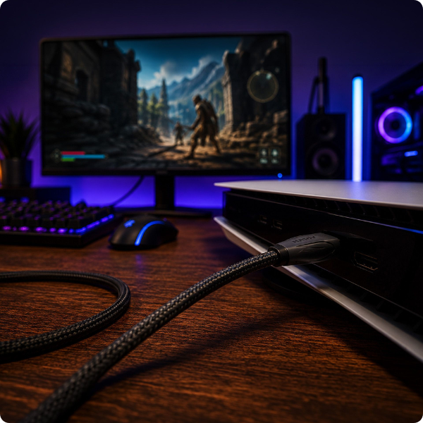 Pleciony kabel HDMI podłączony do konsoli na biurku gamingowym z monitorem i podświetleniem RGB