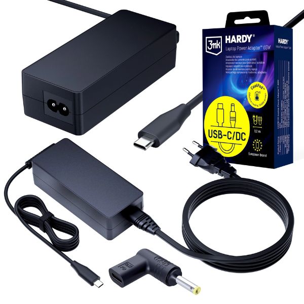 Zasilacz uniwersalny do laptopa 3mk HARDY Laptop Power Adapter 65W z końcówką USB-C i wymienną wtyczką DC - ładowarka, kabel, wtyczka sieciowa i opakowanie produktu