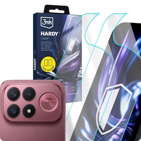 Poco f9 ultra z zestawem szkieł na ekran 3mk Hardy Fusion i ich oryginalne opakowanie