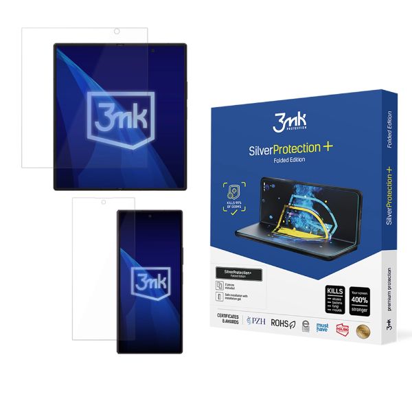 zestaw folii Silverprotection+ edycja folded do samsung z fold 8, obok wizualizacja dopasowania ochrony na rozłożonym i zlożonym ekranie.