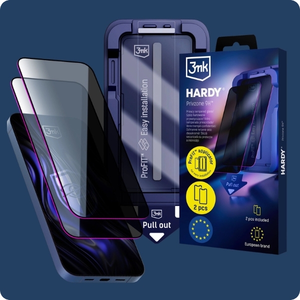 Szkło hartowane 3mk Hardy Privzone 9H z filtrem prywatyzującym - zestaw 2 sztuk z aplikatorem ProFit, opakowanie i telefon z założoną folią