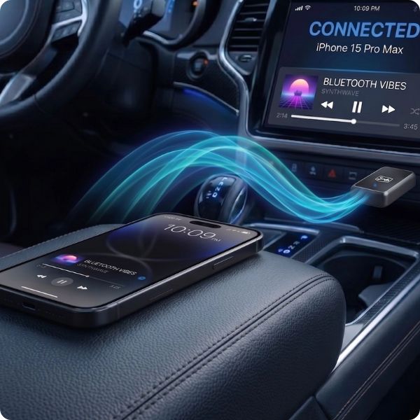 Smartphone położony na podłokietniku, ilustracja imitująca przekaz sygnału do adaptera bezprzewodowego CarPlay i Android Auto 3mk DriveLink Duo™ wpiętego bezpośrednio do gniazda usb-a w samochodzie.
