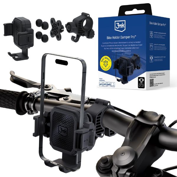 Amortyzowany uchwyt na telefon 3mk Bike Holder Damper Pro zamontowany na kierownicy roweru MTB wraz z oryginalnym opakowaniem produktu