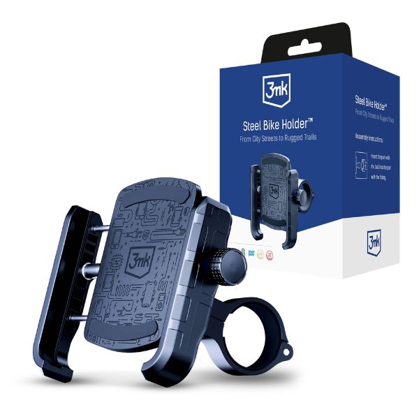 Amortyzowany uchwyt na telefon 3mk Bike Holder Damper Pro zamontowany na kierownicy roweru MTB wraz z oryginalnym opakowaniem produktu