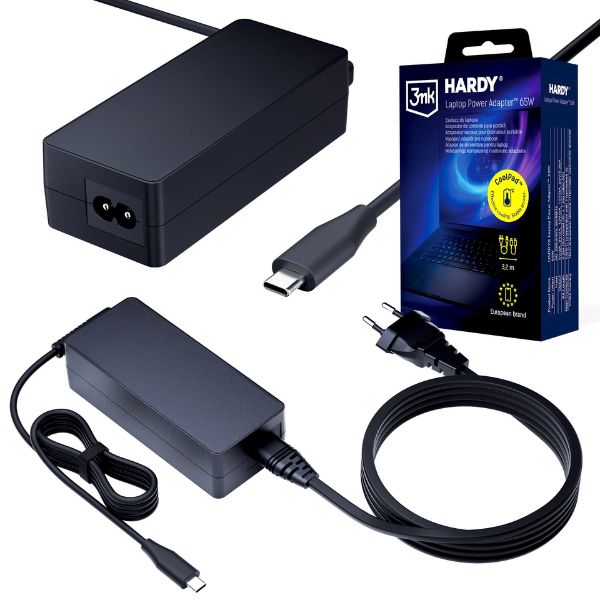 Zasilacz uniwersalny do laptopa 3mk HARDY Laptop Power Adapter 65W - czarna ładowarka z kablem USB-C, opakowanie produktu i wtyczka sieciowa