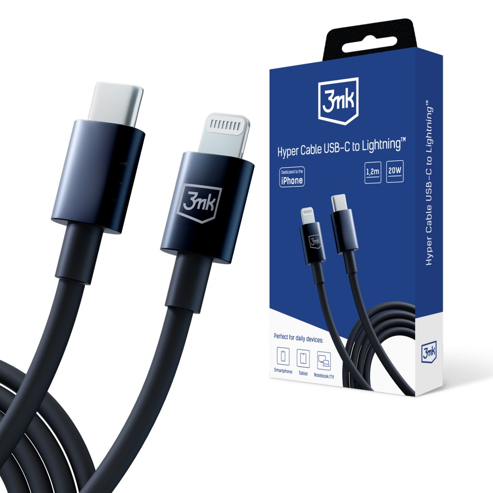 Kabel USB-C to Lightning 20W 5A 1.2m - 3mk Hyper Cable Black