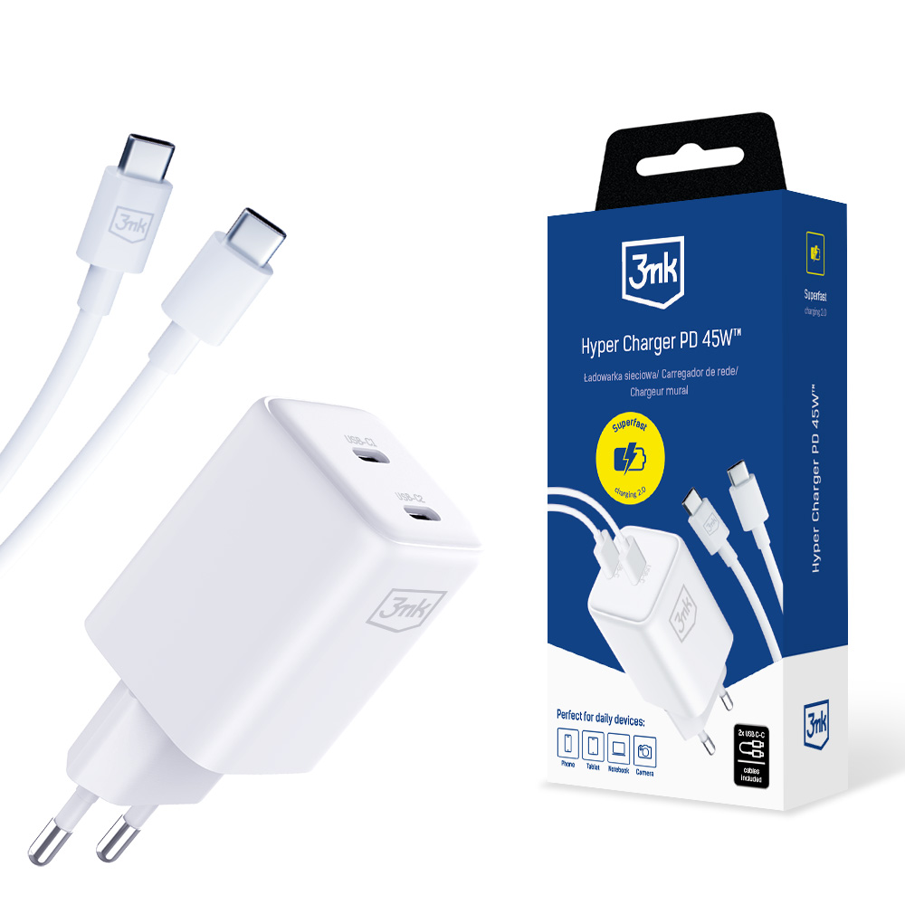 Ładowarka sieciowa PD 45W - 3mk Hyper Charger + Kabel USB C to C White